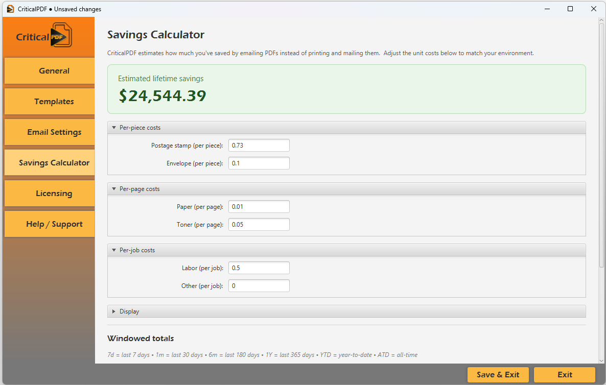 CriticalPDF Savings Calculator showing $24,544.39 estimated lifetime savings