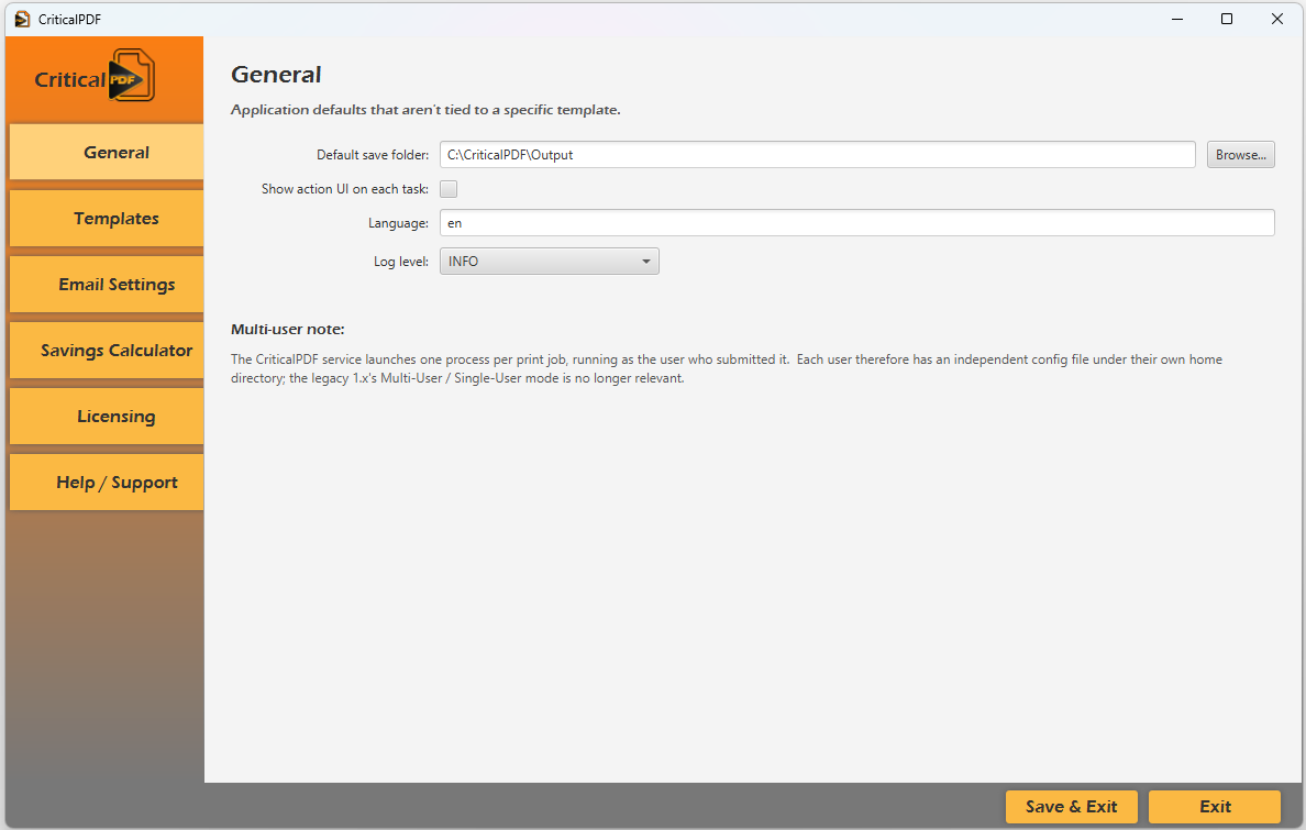 CriticalPDF Settings — General tab