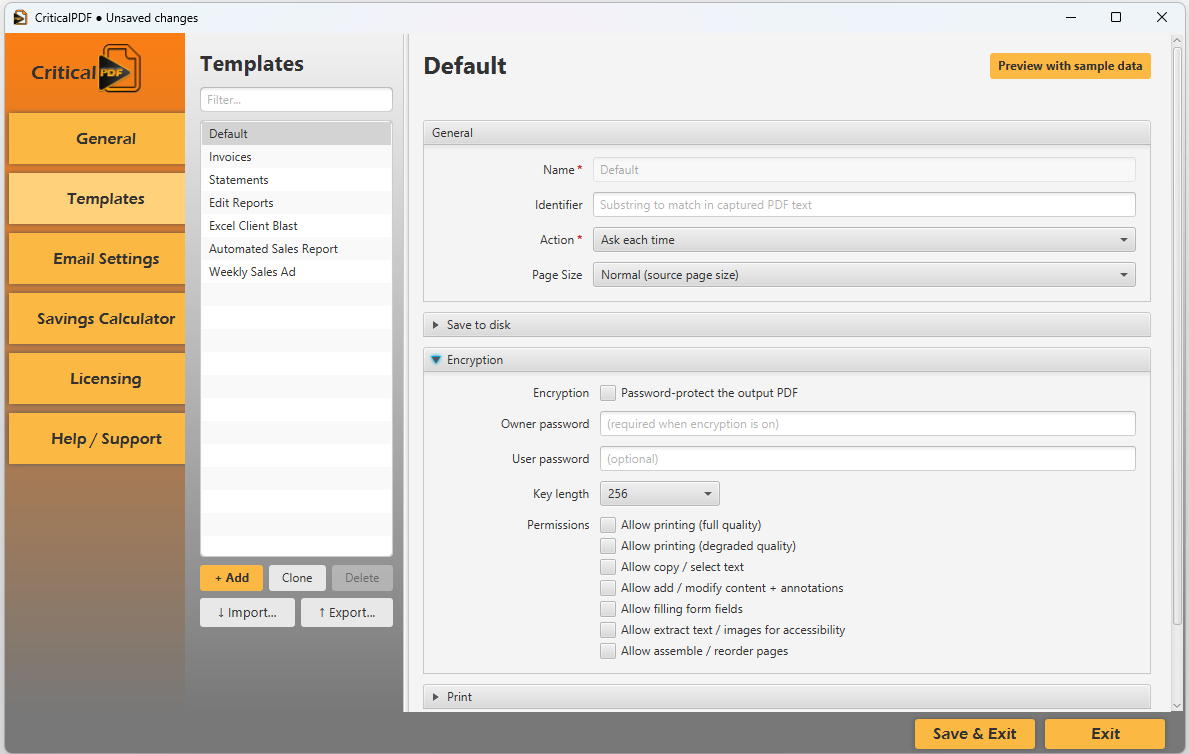 Template editor — Encryption section